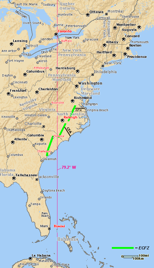 Map of the East Coast including the 79.2&deg; Meridian